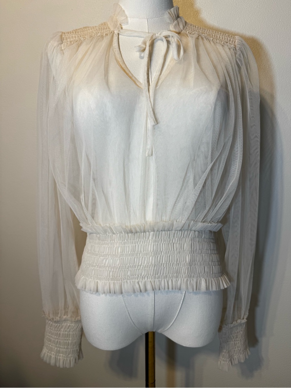 Sheer Tie-Neck Smocked Waist Blouse - Cream